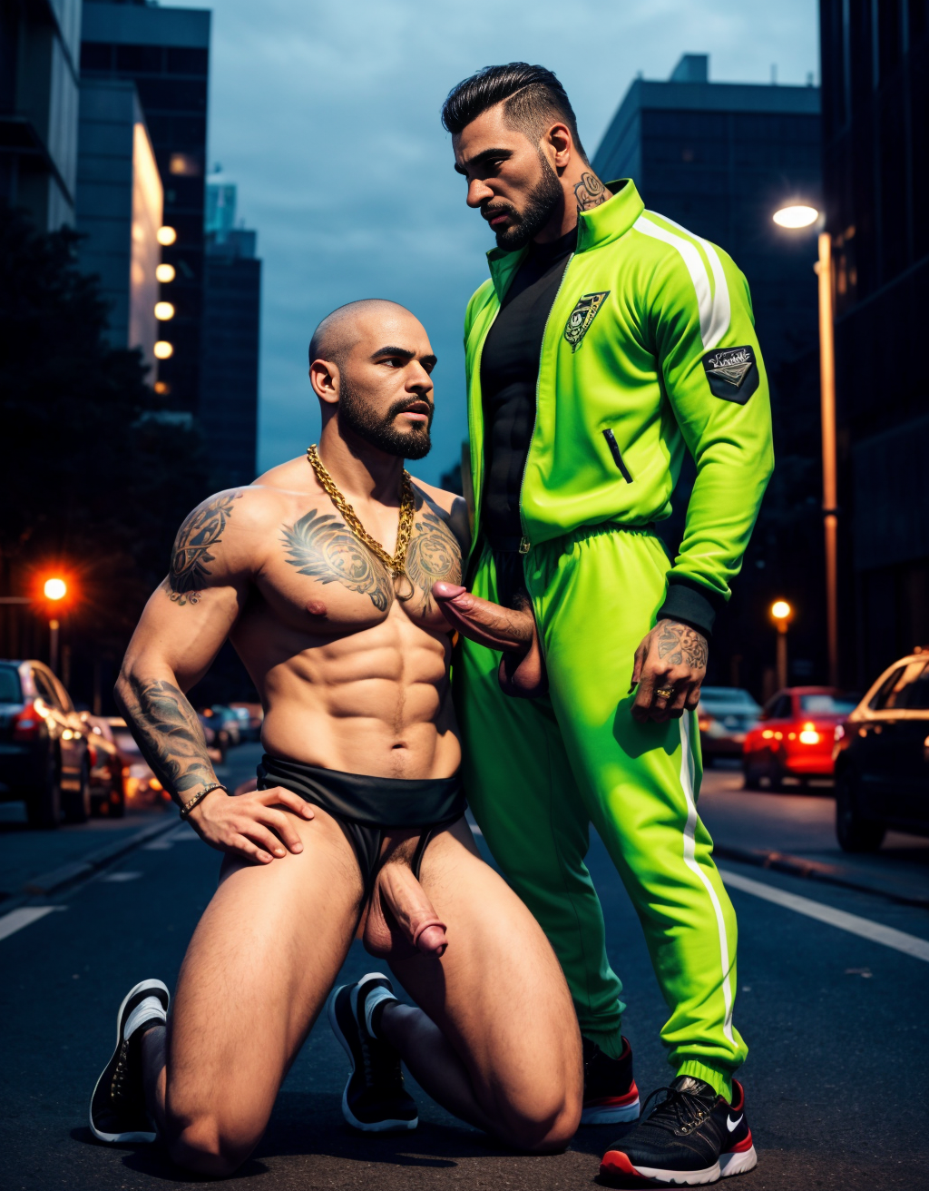 Hombre de 25 años, cuerpo atlético, rasgos duros y actitud desafiante, chandal deportivo ajustado, pene grande y largo, rapado, barba de dos días, zapatos Nike llamativos, tatuajes visibles en los antebrazos y el cuello, cadena gruesa de oro, calle de ciudad de fondo, de pie con postura dominante, expresión chulesca. Un hombre mayor de traje ejecutivo y zapatos, arrodillado a sus pies, pene erecto, testículos grandes, mirada de sumisión, frente tocando el pene del joven. Diferencia clara de estatus y poder, iluminación urbana nocturna, contraste fuerte de vestimenta y actitud, detalle en los rostros y gestos, composición vertical impactante.