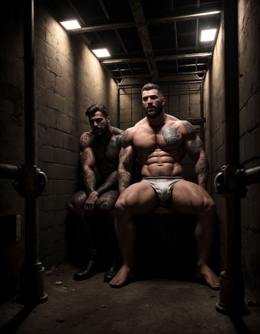 Hombres atractivos y musculosos en ropa interior, sentados en catres metálicos, en una celda de prisión oscura y sombría, con paredes de piedra frías y barrotes de hierro oxidados, iluminación tenue y sombras profundas, expresiones de desesperanza y resignación, ropa interior blanca y gris, cuerpos tonificados y definidos, tatuajes visibles en los brazos y torsos, cabello despeinado y barbas incipientes, ambiente de desolación y abandono, texturas realistas y detalles precisos, iluminación dramática y sombreado intenso.