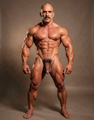 Mike Morris, the 32-year-old Caucasian bodybuilder with an athletic and extremely defined muscular physique, stands at full attention in a strict military pose, feet together, legs straight, back rigidly upright, shoulders back, chest thrust forward, arms at his sides with fists clenched, and head held high looking straight ahead with a serious, almost threatening expression. Full body shot from the tips of his toes to the top of his bald head. He is completely naked. His advanced Norwood III-IV male pattern baldness is clearly visible, with a shiny tanned scalp on top, short dark brown hair only on the sides and back. His square, angular face with strong jaw, prominent cheekbones, thick dark handlebar mustache, heavy brows, and intense deep-set brown eyes under slightly hooded lids stares forward with firm authority. His massive square pectorals are pushed out, dark brown chest hair forming a dense classic T-pattern down the sternum and spreading across his wide six-pack abs. Small dark nipples sit low on the pecs. A trail of dark hair leads to an extremely dense, thick, curly dark brown pubic bush that climbs almost to his navel. His heavy 14 cm flaccid cock hangs thick over large, low-hanging hairy testicles, the skin of the shaft noticeably lighter than his tanned body. Powerful veined forearms, developed traps flowing into delts, defined quads with visible separation, diamond-shaped calves, and hairy feet complete the figure. Warm directional studio lighting from above and slightly to the side creates sharp highlights on his oiled skin, deep shadows that accentuate every muscle fiber, the texture of his dense body hair, and the contrast between his tanned body and lighter genital area. Photorealistic, 1970s Colt Studio aesthetic, high contrast, masculine and commanding presence, grainy film texture.
