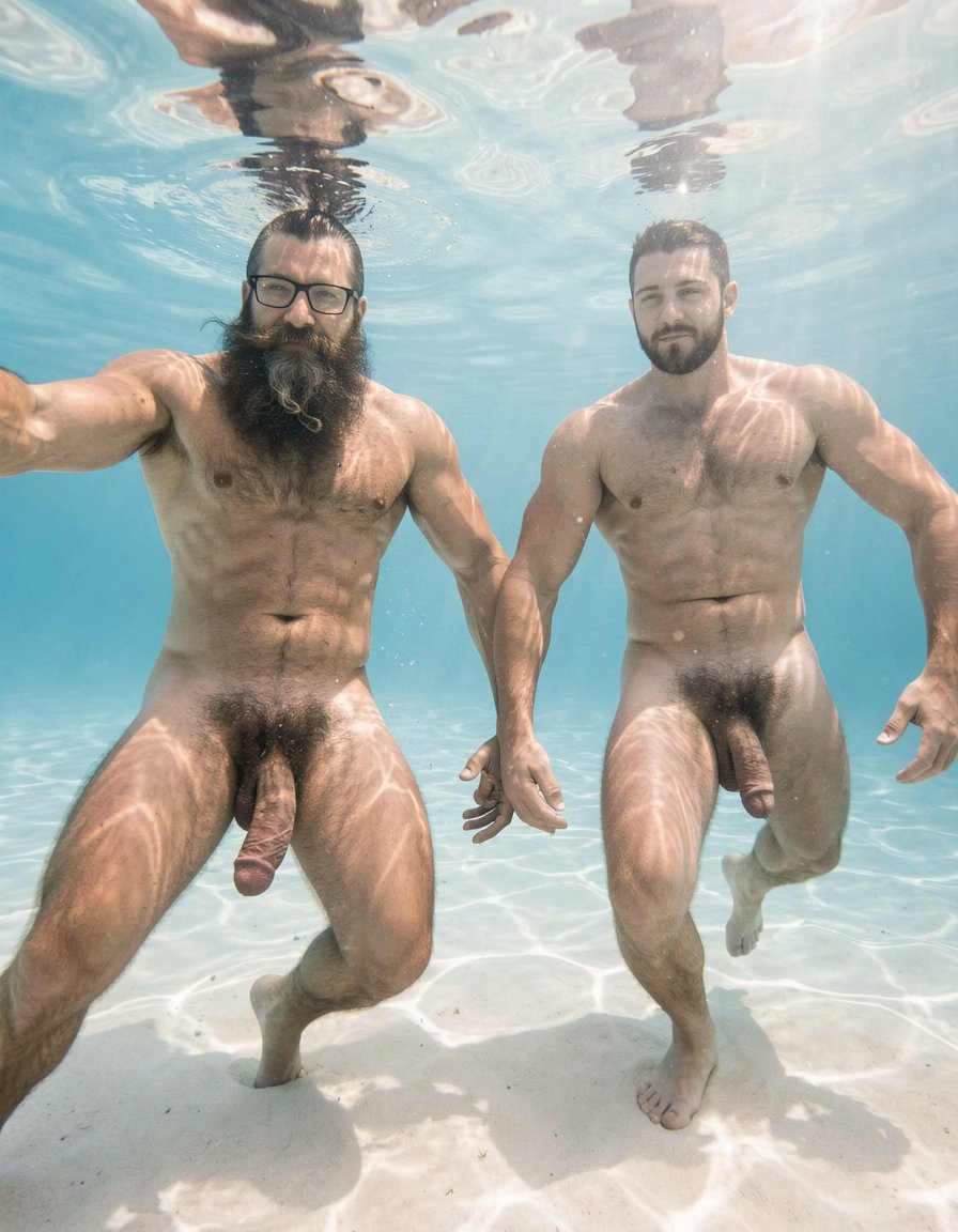 Photorealistic ultra-detailed cinematic midday underwater shot at El Playazo nudist beach in Vera Playa, Almería. Hipsterbarba and Ferran swimming underwater in breaststroke style, bodies fully submerged in crystal clear turquoise Mediterranean water. Hipsterbarba is 40 years old, 180cm, 80kg, 8% body fat, zero belly, extremely dry shredded six-pack contracting hard with each stroke, dense black body hair on chest, shoulders and thighs floating and swaying in the current, powerful vascular arms extended forward in a strong breaststroke pull, muscular hairy quads and adductors kicking wide open. His extremely long thick Bandholz beard floats wildly around his face and chest like a dark veil, high fade undercut hair slicked back by the water, black hipster glasses still on, big mustache with curled spiral tips. His thick heavy veiny cock and low-hanging hairy balls drift and sway freely between his legs with every powerful kick, foreskin partially retracted showing the fat pink glans.

Ferran swims right beside him, 28 years old, competition shredded at 5% body fat, massive rounded pecs and carved abs flexing underwater, huge veiny arms pulling, short dark hair and small beard moving with the water, long thick cock and heavy balls floating and swinging with each stroke.

Sunlight beams piercing down from the surface creating god rays and caustic light patterns across their naked muscular bodies, individual bubbles rising from beards and noses, realistic water refraction and detail on every strand of wet hair, beard and body hair. Sandy seabed visible below, distant surface ripples above, hyperrealistic underwater textures, sharp focus, raw explicit male bodies, cinematic bright Mediterranean lighting.
