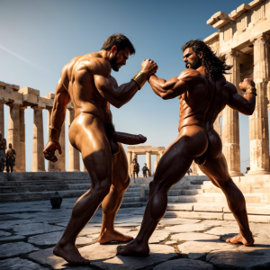 Harmodio y Aristogitón están desnudos. Tienen grandes testículos muy velludos. Luchan en la plaza medieval de Atenas. Luchan pegando puñetazos en el pubis. Golpean con sus grandes penes. Son musculosos y están delgados y bronceados. Tienen mucho vello por todo el cuerpo. Harmodio levanta la pierna derecha para lanzar un golpe con su pie derecho para golpear la cara de Aristogitón. 