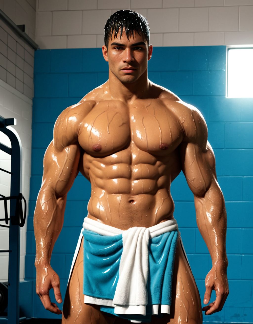 Hombre musculoso de 28 años, jugador de fútbol, cubierto de gotas de agua, parado en un gimnasio, físico atlético, torso desnudo, toalla húmeda en la cintura, piel brillante, sombras dramáticas, expresión serena y cansada, estilo pop art y graffiti, texturas húmedas, fondo desenfocado, enfoque en la forma poderosa del jugador.
