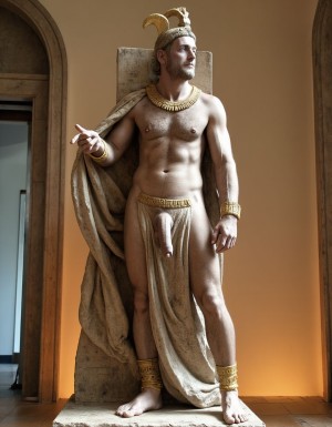 Akhenatón (originalmente llamado Amenhotep IV) fue un faraón egipcio que gobernó durante la Dinastía XVIII (Imperio Nuevo), aproximadamente entre 1353 a.C. y 1336 a.C. Es un hombre faraón de los más fascinantes y revolucionarios de la historia egipcia debido a su radical reforma religiosa. Está totalmente desnudo y en sus pies lleva sandalias de lujo de oro. Tiene un pene erecto de 20 cm de longitud y 8 cm de diámetro. Toda la gente le admira por su vello y grandioso pene en constante estado erección de 20 cm de longitud y 8 cm de diámetro