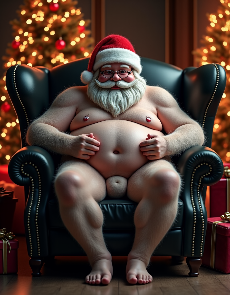 Papá Noel aparece desnudo y sentado de frente en un sillón orejero de cuero negro, con gorro rojo, gafas redondas, bigote y una barba blanca muy poblada. Su cuerpo es corpulento, con barriga prominente, pecho descubierto con pezones visibles y abundante vello claro en brazos, piernas y abdomen; entre los muslos se aprecia la zona genital parcialmente visible, con el pene pequeño casi oculto por el vientre. Sus manos descansan sobre la barriga y los muslos, mientras alrededor hay árboles de Navidad iluminados, luces cálidas desenfocadas y regalos envueltos, creando una escena navideña íntima, humorística y provocadora.