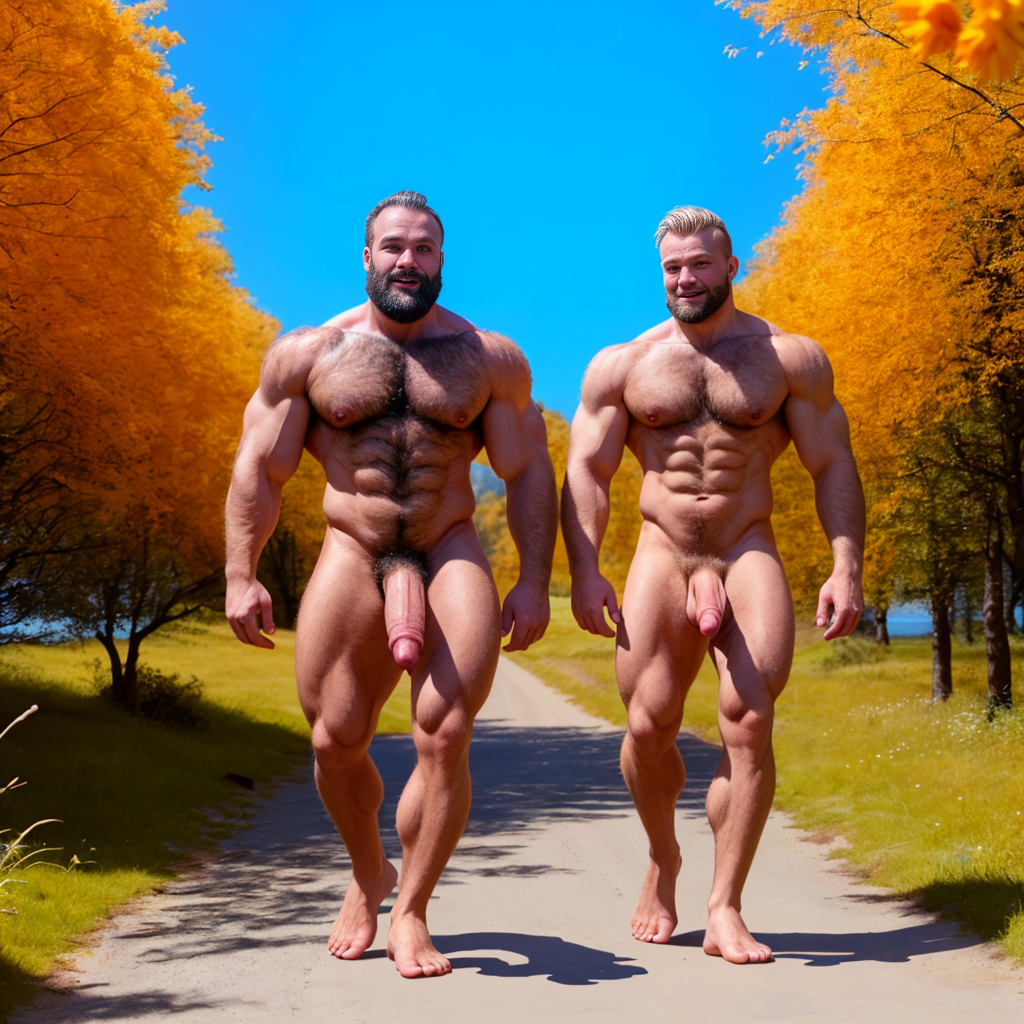 Dos hombres machos musculosos desnudos muy viriles con pene grande y testículos grandes y peludos. Caminando ⛓️ 🌞 🏞️ 🇸🇪 😆 😂 💐 