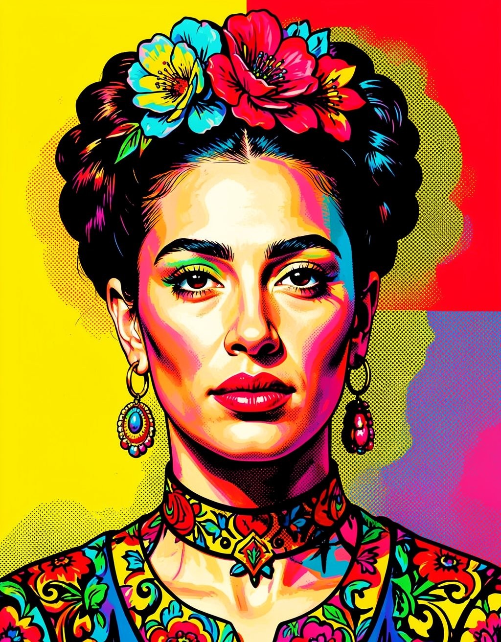 Pop art portrait of Frida Kahlo with a frontal, intense gaze, thick joined eyebrows, red lips, and a face illuminated by vibrant shadows in yellow, pink, blue, and orange. Her dark hair is gathered into high braids adorned with large colorful flowers, one blue and yellow and another red, standing out against a graphic background divided into yellow, red, purple, and fuchsia tones with a halftone texture. Her long earrings with turquoise and red beads, the decorative necklace, and the highly ornate floral clothing reinforce the Mexican, artistic, and colorful aesthetic of the portrait, with a contemporary, expressive, high-contrast illustration style.