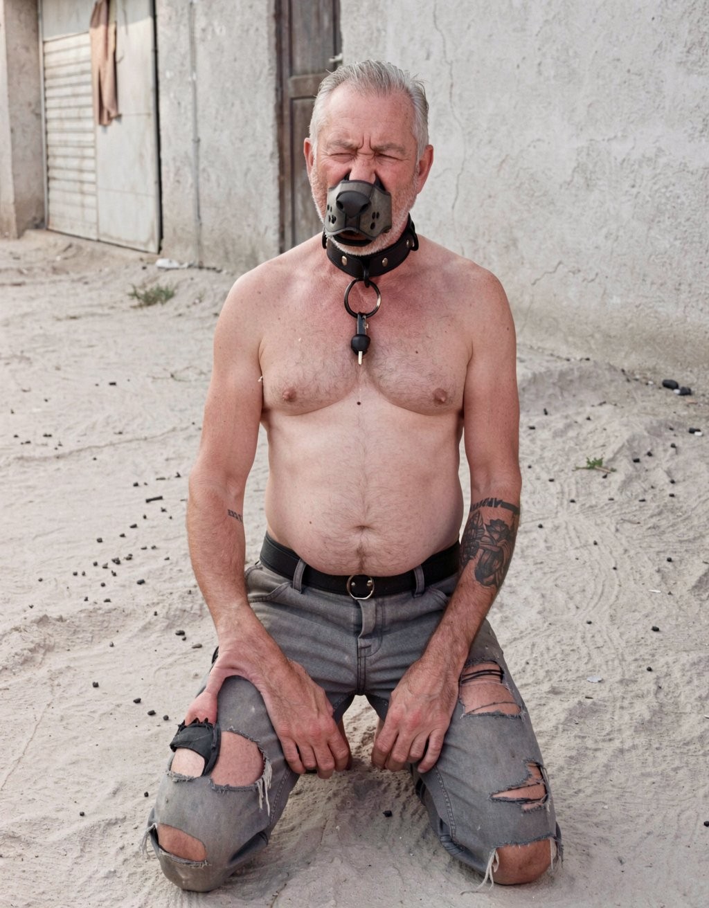 Hombre canoso y con barba corta arrodillado sobre un suelo de cemento en un entorno exterior deteriorado, junto a una pared gris de aspecto industrial y una puerta metálica al fondo. Está sin camiseta, con el torso desnudo, los ojos cerrados y una expresión tensa o concentrada. Lleva una máscara tipo bozal negro cubriéndole la boca y la nariz, sujeta con correas, además de un collar negro con anilla metálica frontal y un pequeño accesorio colgante, elementos asociados a estética BDSM. Viste vaqueros grises muy desgastados y rotos en las rodillas y los muslos, con cinturón negro, mientras mantiene las manos apoyadas sobre las piernas en una postura sumisa y estática.