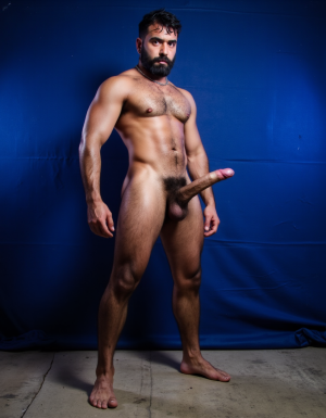 Enomao. Hombre de 35 años, cuerpo completo de pies a cabeza, pose frontal de pie, cuerpo delgado, rostro rudo con mandíbula cuadrada y ceño fruncido, barba abundante negra descuidada de varios días, nariz ancha, cicatriz pequeña en la ceja izquierda, mirada intimidante, pelo negro largo y despeinado, cuello grueso con tendones marcados, hombros anchos y trapecios abultados, pectorales enormes y duros con sombras profundas bajo cada músculo, pezones oscuros rodeados de vello negro denso, vello negro abundante cubriendo todo el pecho extendiéndose hacia el abdomen, abdominales definidos con seis bloques marcados y venas visibles, línea de vello negro desde el ombligo bajando, oblicuos duros con sombras que acentúan cada fibra muscular, brazos con bíceps y tríceps marcados y muy definidos, venas prominentes en los antebrazos, vello negro espeso en antebrazos y dorso de las manos, manos con nudillos anchos y dedos fuertes, piel con suciedad natural como grasa de trabajo y tierra en pecho brazos y piernas, manchas de mugre en los antebrazos y marcas de sudor seco, muslos marcados con cuádriceps separados y definidos cubiertos de vello negro abundante, pantorrillas duras en tensión con vello oscuro, pies descalzos plantados en suelo de hormigón, iluminación lateral dura que proyecta sombras profundas en cada grupo muscular resaltando la masa y la fuerza bruta, ambiente de atmósfera cruda y masculina, fotografía hiperrealista, textura de piel visible con poros y imperfecciones. Tiene un Pene erecto masculino de 38,5 cm de longitud y 8,5 cm de diámetro, proporciones perfectas, glande grueso y pronunciado con corona marcada, color rosado oscuro intenso en la cabeza contrastando con el tono bronceado del tronco, venas gruesas azuladas y ramificadas recorriendo toda la extensión del falo desde la base hasta el glande, piel tensa y brillante por la erección máxima, prepucio completamente retraído mostrando el frenillo tenso, testículos descomunales y extremadamente pesados, huevos masivos colgando muy bajos tirando del escroto por su peso brutal, piel escrotal muy estirada con textura rugosa natural visible con pliegues y arrugas, cubiertos de vello púbico negro muy espeso denso y abundante, pelo rizado salvaje y masculino extendiéndose generosamente hacia la base del pene el perineo y los muslos internos, cada pelo individual visible con grosor y textura realista, venas gruesas y marcadas atravesando la superficie de los testículos hinchados, poros visibles en toda la piel, forma esférica perfecta en cada testículo con peso evidente, posición frontal ligeramente angular mostrando el volumen completo y la masa de la bolsa escrotal, iluminación de estudio cinematográfica con sombras suaves que resaltan cada relieve textura y pelo, fotografía hiperrealista, ultra alta definición 4K, texturas extremadamente detalladas, colores naturales de piel humana mediterránea, acabado cinematográfico profesional, iluminación de estudio con sombras suaves que resaltan cada relieve y textura, fotografía hiperrealista, ultra alta definición 4K, texturas extremadamente detalladas, colores naturales de piel humana, acabado cinematográfico.

El fondo de la imagen es un azul ultramar intenso y profundo, con ondas de tela que ondean como si fueran arrastradas por el viento, creando un movimiento dinámico con la figura. La textura ondulante, similar a la seda, añade una capa de profundidad y sensibilidad a la escena, contrastando con la crudeza y pasión del acto sexual.

La fotografía realista, con genitales anatómicamente correctos y proporciones naturales, sin distorsión, busca capturar la esencia cruda y visceral del momento, sin adornos ni censuras. El enfoque en el punto del pene visible desde un ángulo lateral, busca resaltar la intensidad y la conexión del hombre y su entorno, inmerso en un acto de pasión y deseo. El contenido explícito para adultos es una representación auténtica y sin tapujos de la intimidad y el deseo humano, sin rodeos ni evasivas.