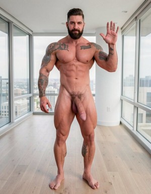 Photorealistic portrait full body shot indoor modern minimalist apartment background white walls large windows daylight natural lighting, extremely handsome masculine dominant man late 30s early 40s rugged alpha male appearance standing center frame confident powerful stance legs apart facing camera direct eye contact intimidating authoritative gaze, extremely muscular athletic professional bodybuilder physique massive shoulders wide back extreme V-taper narrow waist thick powerful legs eight-pack abs visible completely naked fully nude entire body visible head to feet, short dark hair perfectly styled masculine haircut thick dark stubble beard covering strong angular jaw chiseled masculine facial features piercing intense dark eyes looking directly at camera dominant expression slight arrogant smirk confident attitude, completely naked totally nude muscular body fully exposed massive defined pecs abs obliques Adonis belt visible muscular arms biceps triceps forearms thick muscular thighs quads hamstrings calves feet visible standing barefoot hardwood floor, huge thick long erect cock massive erection pointing upward enormous penis fully erect large thick shaft prominent glans meatus visible heavy hanging balls testicles visible between thick muscular thighs, small black ink tattoo right upper arm bicep brachial region curved text following anatomical muscle contour letters reading 