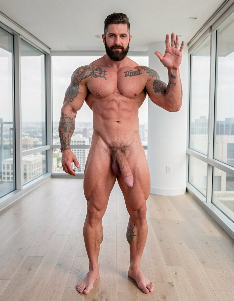 Photorealistic portrait full body shot indoor modern minimalist apartment background white walls large windows daylight natural lighting, extremely handsome masculine dominant man late 30s early 40s rugged alpha male appearance standing center frame confident powerful stance legs apart facing camera direct eye contact intimidating authoritative gaze, extremely muscular athletic professional bodybuilder physique massive shoulders wide back extreme V-taper narrow waist thick powerful legs eight-pack abs visible completely naked fully nude entire body visible head to feet, short dark hair perfectly styled masculine haircut thick dark stubble beard covering strong angular jaw chiseled masculine facial features piercing intense dark eyes looking directly at camera dominant expression slight arrogant smirk confident attitude, completely naked totally nude muscular body fully exposed massive defined pecs abs obliques Adonis belt visible muscular arms biceps triceps forearms thick muscular thighs quads hamstrings calves feet visible standing barefoot hardwood floor, huge thick long erect cock massive erection pointing upward enormous penis fully erect large thick shaft prominent glans meatus visible heavy hanging balls testicles visible between thick muscular thighs, small black ink tattoo right upper arm bicep brachial region curved text following anatomical muscle contour letters reading 