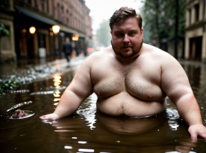 Hombre con obesidad desnudo con el pene visible tirado en un charco lleno de ratas