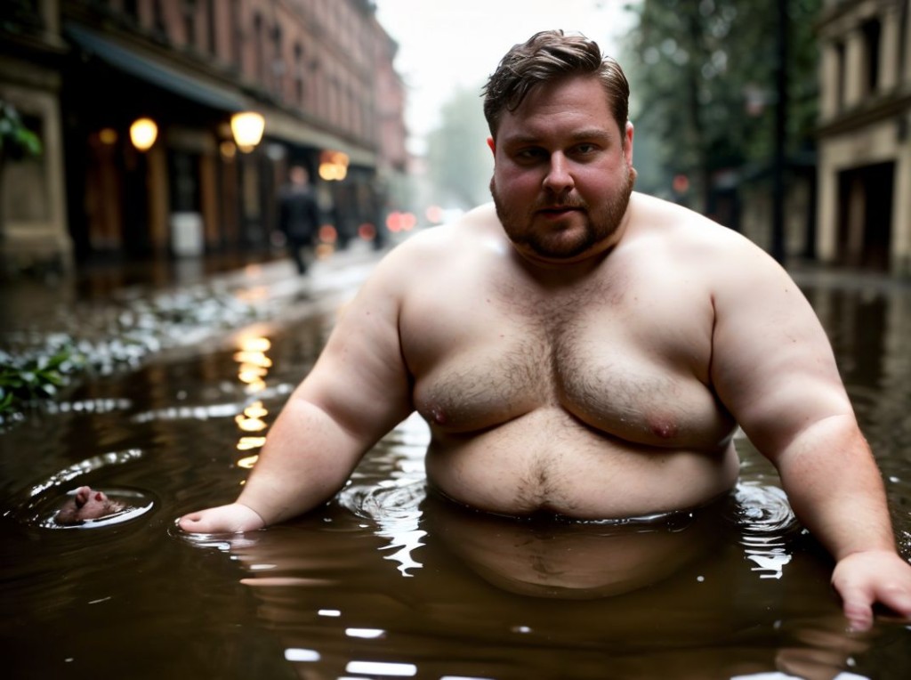 Hombre con obesidad desnudo con el pene visible tirado en un charco lleno de ratas