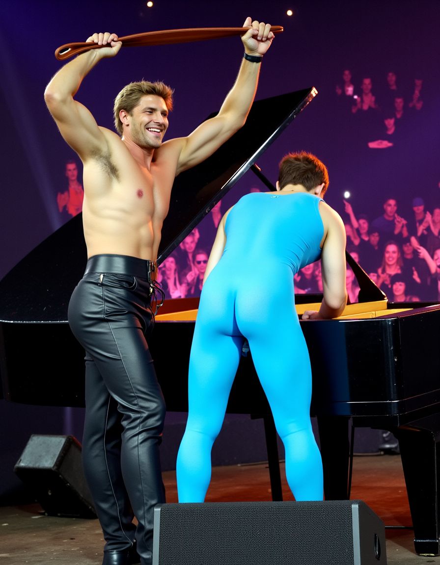 Benson Boone, o un joven artista con rasgos similares a los suyos, viste un jumpsuit de lycra azul cleste brillante, con brillantitos que se ajusta a su cuerpo, resaltando sus nalgas enormes y prominentes, metiéndose la tela entre ellas. El escenario de un concierto de rock grande es el telón de fondo, con luces intensas y una multitud de personas gritando en el fondo. 

Benson Boone se apoya sobre un piano de cola negro y reluciente, ofreciendo su trasero para el castigo. Un hombre bastante mayor, musculado y con una presencia dominante, viste pantalones de cuero ajustados y un harness a juego, lo que realza su físico atlético. Con una mirada seria y una postura autoritaria, sostiene un cinturón en su mano, listo para azotar las nalgas de Benson Boone.

Benson Boone sonríe encima del hombro, mostrando una mezcla de excitación y sumisión, mientras se prepara para el castigo. Su jumpsuit de lycra azul cleste brillante se estira sobre sus nalgas grandes, resaltando su forma y textura. El hombre mayor levanta el cinturón, y con un movimiento rápido y decidido, lo descarga sobre las nalgas de Benson Boone, produciendo un sonido claro y una sacudida visible en su cuerpo.

La escena es hiperrealista, con detalles de alta calidad que capturan la textura del lycra, el cuero y la piel. Las luces del escenario resaltan los contornos de los cuerpos, creando sombras y reflejos que realzan la intensidad del momento. La multitud en el fondo es un rugido lejano, mientras que el foco principal está en la interacción entre Benson Boone y el hombre mayor, inmersos en este juego de poder y sumisión en el escenario del concierto de rock.