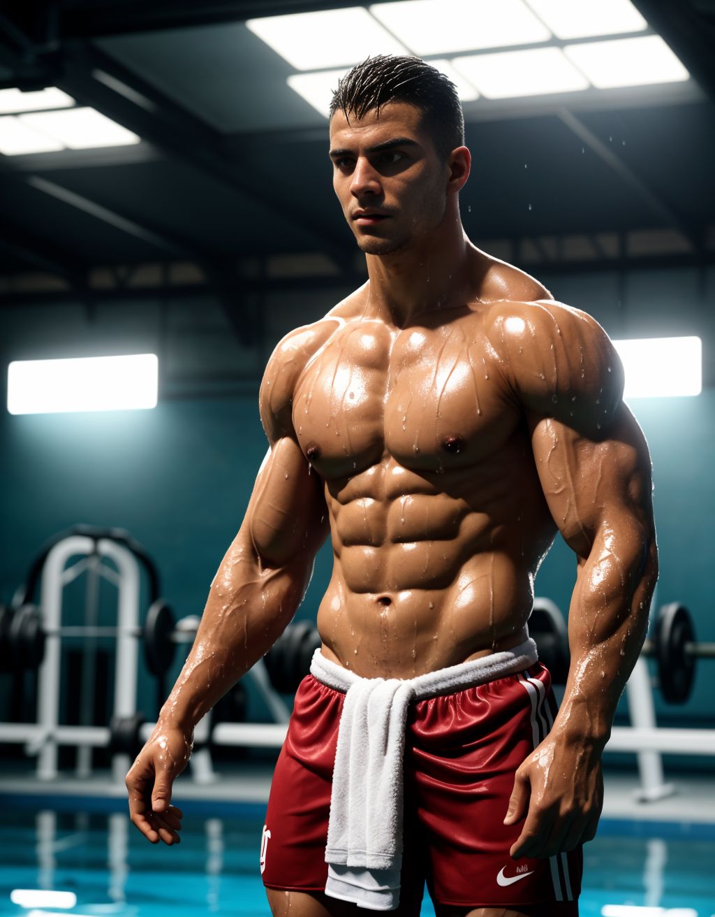 Hombre musculoso de 28 años, jugador de fútbol, cubierto de gotas de agua, parado en un gimnasio, físico atlético, torso desnudo, toalla húmeda en la cintura, piel brillante, sombras dramáticas, expresión serena y cansada, estilo fotorealista, texturas húmedas, fondo desenfocado, enfoque en la forma poderosa del jugador.