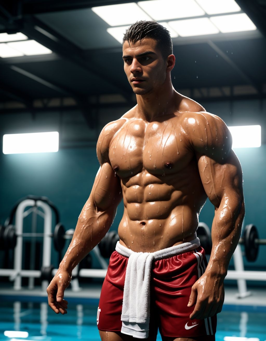 Hombre musculoso de 28 años, jugador de fútbol, cubierto de gotas de agua, parado en un gimnasio, físico atlético, torso desnudo, toalla húmeda en la cintura, piel brillante, sombras dramáticas, expresión serena y cansada, estilo fotorealista, texturas húmedas, fondo desenfocado, enfoque en la forma poderosa del jugador.