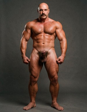 Mike Morris, the 32-year-old Caucasian bodybuilder with an athletic and extremely defined muscular physique, stands at full attention in a strict military pose, feet together, legs straight, back rigidly upright, shoulders back, chest thrust forward, arms at his sides with fists clenched, and head held high looking straight ahead with a serious, almost threatening expression. Full body shot from the tips of his toes to the top of his bald head. He is completely naked. His advanced Norwood III-IV male pattern baldness is clearly visible, with a shiny tanned scalp on top, short dark brown hair only on the sides and back. His square, angular face with strong jaw, prominent cheekbones, thick dark handlebar mustache, heavy brows, and intense deep-set brown eyes under slightly hooded lids stares forward with firm authority. His massive square pectorals are pushed out, dark brown chest hair forming a dense classic T-pattern down the sternum and spreading across his wide six-pack abs. Small dark nipples sit low on the pecs. A trail of dark hair leads to an extremely dense, thick, curly dark brown pubic bush that climbs almost to his navel. His heavy 14 cm flaccid cock hangs thick over large, low-hanging hairy testicles, the skin of the shaft noticeably lighter than his tanned body. Powerful veined forearms, developed traps flowing into delts, defined quads with visible separation, diamond-shaped calves, and hairy feet complete the figure. Warm directional studio lighting from above and slightly to the side creates sharp highlights on his oiled skin, deep shadows that accentuate every muscle fiber, the texture of his dense body hair, and the contrast between his tanned body and lighter genital area. Photorealistic, 1970s Colt Studio aesthetic, high contrast, masculine and commanding presence, grainy film texture.