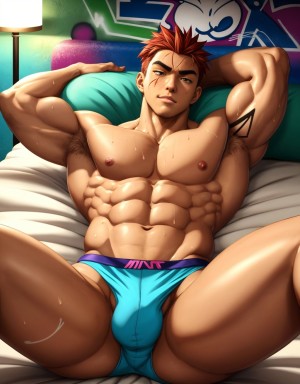 Estilo grafiti,Hombre musculoso, 25 años, tumbado en una cama, vistiendo solo ropa interior deportiva ajustada, mostrando su torso desnudo, piel bronceada, sudorosa y relajada, con un ambiente íntimo y sensual. estilo graffiti.