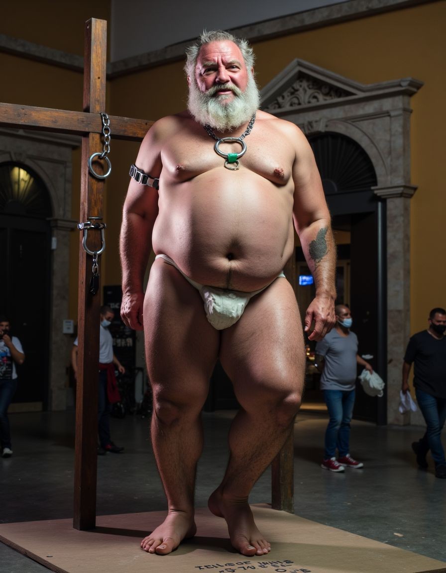 Un hombre corpulento y de barba blanca posa de pie sobre una plataforma de madera, con el torso desnudo y un taparrabos claro que cubre el pene, evocando una estética de esclavo o prisionero en una representación teatral o performativa. Lleva un collar metálico grueso con una anilla verde en el cuello, una cadena sujeta a un poste de madera con argollas y una banda negra en el brazo, mientras muestra tatuajes en el antebrazo y la pierna. La escena está iluminada con luz dramática en un espacio público interior de arquitectura clásica, con arcos y paredes amarillas al fondo, donde varias personas con mascarilla observan o pasan cerca, reforzando el ambiente de exhibición, performance histórica y vestuario mínimo.