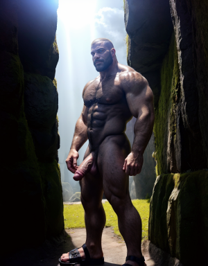 Hades está desnudo, es el dios del inframundo, en el mundo de los muertos, lugar tenebroso. Está desnudo. Tiene un pene muy grande y está erecto. Tiene cara de hombre fuerte. Tiene testículos muy grandes. Tiene sandalias negras en sus pies. Está de perfil. Tiene mucho vello. Tiene 30 años de edad. Está delgado