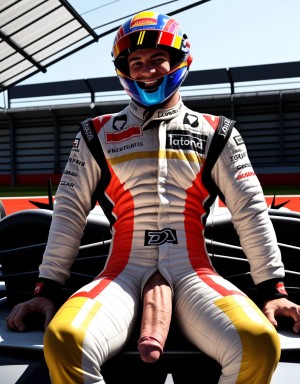 Hombre musculoso semidesnudo, pene visible, torso desnudo, con traje de Fórmula 1 parcialmente quitado, mostrando pecho y abdomen definidos, sentado en un coche de Fórmula 1, casco en mano, sonriendo confiadamente, fondo de boxes con mecánicos, iluminación vibrante, texturas hiperrealistas, foco en la figura masculina y el coche