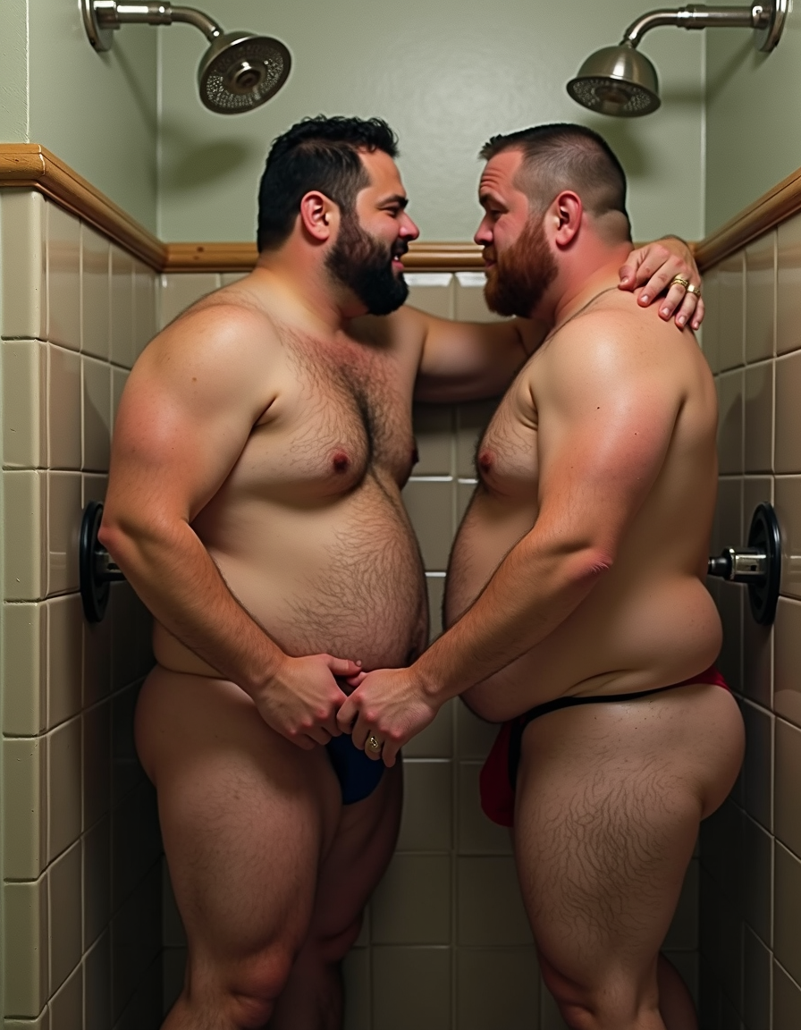 Two burly, semi-nude men are together in a narrow shower with beige tiles, looking closely at each other with an intimate, smiling expression. Both have beards, hairy chests and abdomens, and wear minimal underwear like a jockstrap or thong, one dark blue and the other red, leaving much of the buttocks and thighs exposed. The man on the left rests one arm on the other’s shoulder, while their hands intertwine at pelvis height, creating a scene of complicity, desire, and physical closeness. The metal showerheads, side faucets, and warm light reinforce the private and sensual atmosphere of the bathroom.