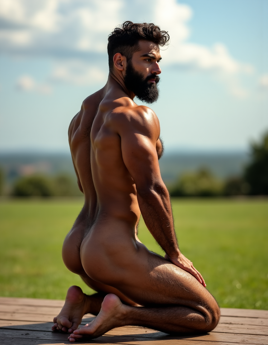 Bruno hombre. Bruno hombre es español de 32 años, cuerpo atlético musculoso pero delgado, abdominales marcados, torso completamente cubierto de vello oscuro denso, pecho peludo, brazos velludos, piernas con vello abundante, barba espesa negra perfectamente recortada, pelo negro ondulado corto despeinado, piel bronceada mediterránea, completamente desnudo, polla grande gruesa erecta con prepucio retractado, testículos grandes colgando, venas visibles en la polla, pubis muy peludo natural, muslos musculosos separados, de rodillas en suelo de madera, espalda arqueada ofreciendo el culo respingón hacia la cámara, mirando por encima del hombro con expresión lasciva y masculina, luz natural cálida de cielo con nubes blancas y suelo de hierba verde con estufas masculinas de fondo desenfocado, sombras marcadas resaltando músculos y curvas del cuerpo, fotografía hiperrealista 8K, estilo retrato íntimo.