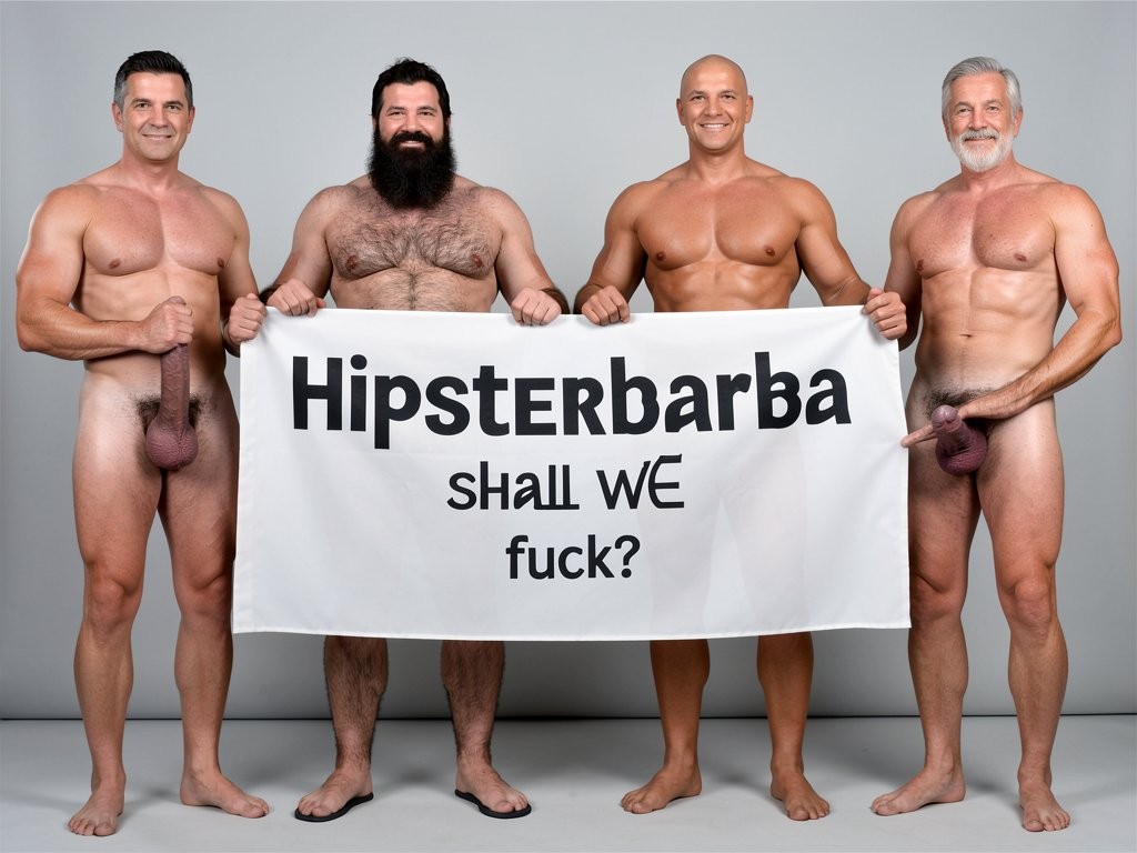 Four naked muscular men holding banner text Hipsterbarba ¿me amas? ultra high quality 8K photorealistic: El Comandante Spanish military leader 45 years short gray hair stern commanding face muscular trained body 185cm 85kg standing far left holding left edge of banner with both hands completely naked massive erect uncircumcised penis 25cm thick veiny shaft visible below banner heavy balls alpha dominant stance, Soldado Bartolo Spanish soldier 35 years thick dark full beard short hair very hairy muscular chest arms legs groin 180cm 80kg standing center-left holding banner completely naked large erect uncircumcised penis 18cm thick visible hairy balls masculine hairy build playful smirk, Superman alien superhero 195cm 100kg perfect bronzed smooth hairless skin short black hair with characteristic curl bright blue eyes massive superhuman muscles standing center-right holding banner completely naked enormous erect penis 23cm steel hard thick shaft visible smooth heavy balls god-like physique confident smile, General Rodolfo Castaños 60 years short gray military hair thick gray mustache experienced muscular body 175cm 75kg standing far right holding right edge of banner completely naked thick erect penis 20cm visible mature heavy balls military bearing knowing expression, all four men standing in horizontal row full body visible head to feet holding between them large white fabric banner at chest level with bold black letters spelling Hipsterbarba ¿follamos? question mark clearly readable professional typography banner stretched tight all four erect penises balls completely visible below banner military office background professional studio lighting 8K photorealistic resolution masterpiece quality inviting expressions.
