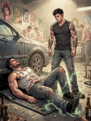 Un hombre musculoso y tatuado, con camiseta negra sin mangas y vaqueros, permanece de pie con actitud amenazante sobre un taller mecánico sucio y desordenado, mirando a otro hombre tirado en el suelo junto a un coche azul oxidado. El hombre caído lleva camiseta blanca manchada y pantalones rotos, parece herido o exhausto, con una expresión dolorida mientras un resplandor verdoso y extraño rodea sus piernas y el suelo. Alrededor hay botellas de cerveza, colillas, herramientas y piezas esparcidas, reforzando el ambiente decadente de garaje clandestino. En el fondo, varios hombres trabajan cerca de otro vehículo, mientras las paredes están cubiertas con pósteres de mujeres, bajo una luz industrial polvorienta y tensa.