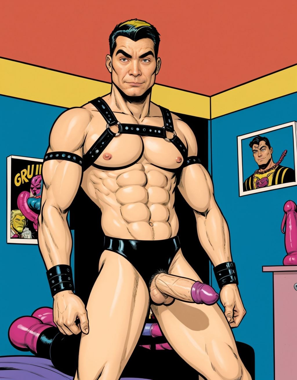 Hombre con arnés, en una habitación bdsm llena de dildos diferentes, estilo cómic.