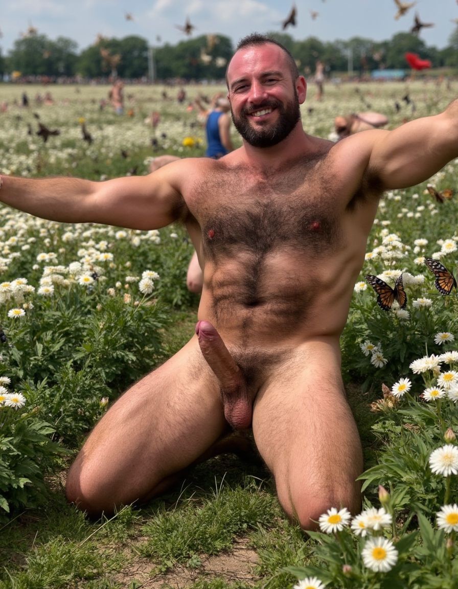 hombre culturista de 35 años posando desnudo de cuerpo completo, sonriente, tensa los bíceps, tiene un pene de 40 cm de longitud y 7 cm de diámetro, grandes dorsales, piernas, cintura estrecha, un poco calvo, grandes pezones rosas. Tiene un pene de 40 cm de longitud y 7 cm de diámetro. Tiene mucho vello en pecho y brazos y piernas. Tiene testículos de 10 kg de peso que están colgando. Tiene pies con sus uñas rojas. Fondo de muchas margaritas de todos los colores y miles de mariposas volando. Está de rodillas en el suelo con las piernas abiertas. Por su pene erecto. 