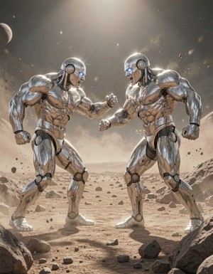 Dos robots humanoides de metal, con cuerpos hiper musculosos y definidos, luchan intensamente en el suelo polvoriento de un planeta extraño, sus cuerpos desnudos brillan bajo la luz tenue del sol alienígena. Sus músculos se tensan y se flexionan.