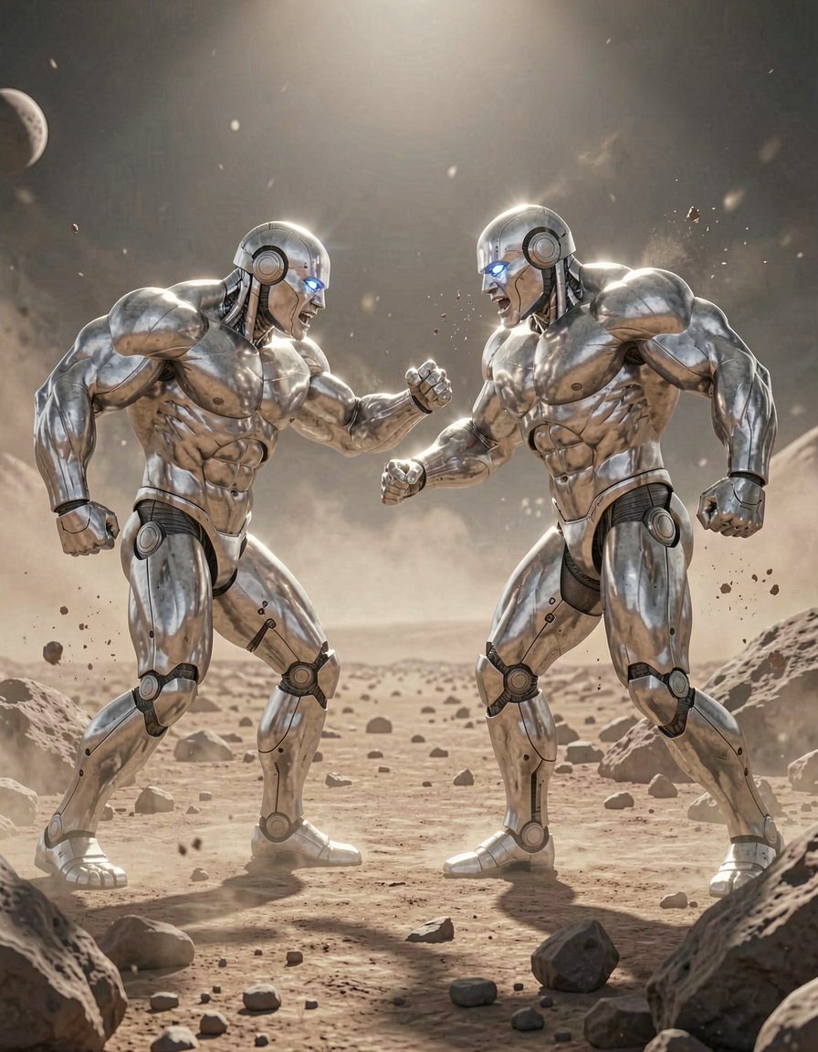 Dos robots humanoides de metal, con cuerpos hiper musculosos y definidos, luchan intensamente en el suelo polvoriento de un planeta extraño, sus cuerpos desnudos brillan bajo la luz tenue del sol alienígena. Sus músculos se tensan y se flexionan.