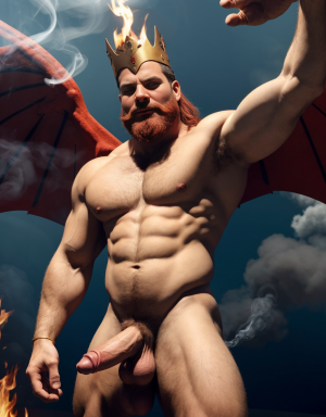 Cneo Pompeyo Magno desnudo con pene grande y testículos grandes peludos. Dobla el brazo derecho para enseñar los bíceps del brazo derecho con gran orgullo. Tiene mucho vello por todo el cuerpo. Está bronceado. Tiene corona de oro. Tiene alas de diablo negras y rojas oscuro. Los brazos están hacia arriba implorando rayos y fuego. Tiene un chorro de fuego en el pene que sale a chorros rojos hacia arriba de su pene erecto tieso hacia arriba. Sus ojos son grandes y rojos. Está enseñando sus grandes testículos. Tiene testículos grandes y oscuros. Está alumbrado con mucha luz roja por todo el cuerpo. Es muy atractivo. Está rodeado de llamas y humo. Tienen cara de maldad y con barba muy grande