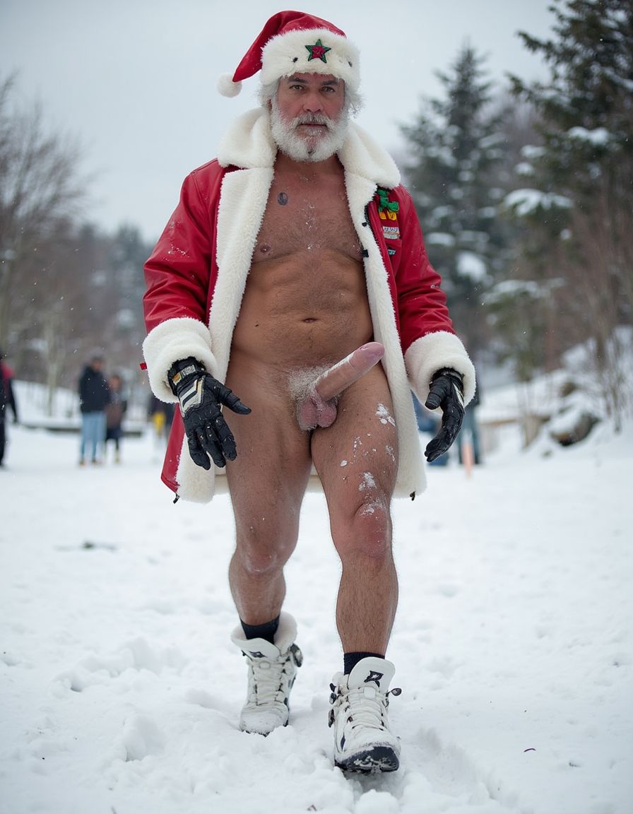 La Navidad. Papá Noel es un hombre de 40 años, atleta, está delgado y tiene músculos marcados y definidos, es muy varonil, tiene barba blanca abundante. Solo tiene el gorro de papá Noel porque está totalmente desnudo enseñando su musculatura de atleta y bronceada, tiene mucho vello blanco que cubre sus músculos pectorales y el abdomen y también en sus piernas. Tiene sandalias blancas en sus pies. Barba abundante blanca de papá Noel. Es el Papá Noel del año 2025, con mucha alegría y mucho sexo gay. Aspecto muy masculino salvaje. Pene erecto de 20cm de longitud y 8cm de diámetro. Abundante vello blanco por todo el cuerpo. Está andando sobre la nieve con sus botas blancas, mientras su pene erecto se balancea entre sus piernas y sus testículos botan. Está desnudo y masturbándose.