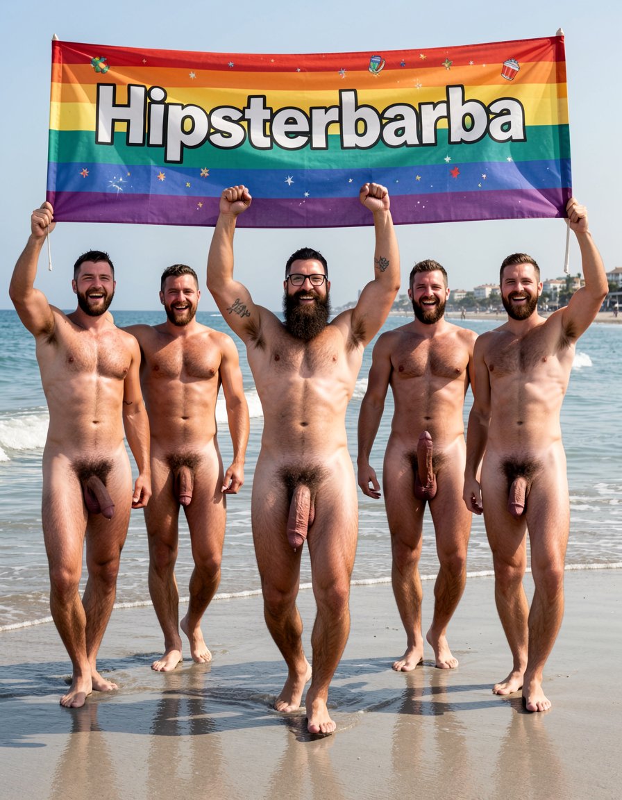 Photorealistic cinematic scene of a gay pride demonstration on the shoreline of El Playazo nudist beach, Vera Playa, Almería. Bright midday Mediterranean sun, gentle waves on the wet sand, chiringuito El Pirata visible in the background. Hipsterbarba, 40 year old Spanish muscle bear, 180cm 80kg 8% body fat, completely dry shredded six-pack with deep cuts and visible linea alba, dense dark chest hair, treasure trail to thick black pubes, zero belly, rounded developed pecs with small dark hard nipples, broad shoulders, highly vascular muscular arms with small black tattoo 