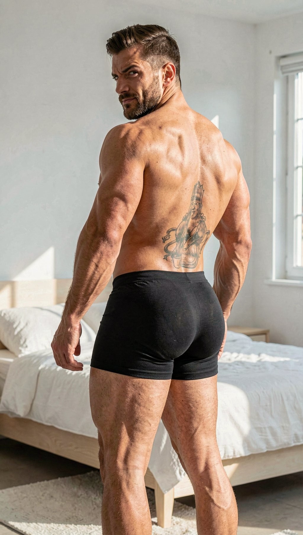 Hombre musculoso de espaldas en un dormitorio luminoso, posando junto a una cama con sábanas blancas y luz natural entrando por una ventana lateral. Lleva unos bóxers negros ajustados que resaltan los glúteos y los muslos fuertes, mientras el torso desnudo muestra una espalda ancha, brazos definidos y hombros marcados. Gira la cabeza hacia atrás con una expresión seria y mirada directa, dejando ver barba recortada y pelo corto peinado hacia arriba. En la zona lumbar destaca un tatuaje grande de estilo ornamental o tribal, centrado sobre la espalda baja, aportando un detalle visual llamativo a la escena íntima y cuidada.