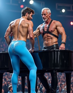 Benson Boone, o un joven artista con rasgos similares a los suyos, viste un jumpsuit de lycra azul cleste brillante, con brillantitos que se ajusta a su cuerpo, resaltando sus nalgas enormes y prominentes, metiéndose la tela entre ellas. El escenario de un concierto de rock grande es el telón de fondo, con luces intensas y una multitud de personas gritando en el fondo. 

Benson Boone se apoya sobre un piano de cola negro y reluciente, ofreciendo su trasero para el castigo. Un hombre bastante mayor, musculado y con una presencia dominante, viste pantalones de cuero ajustados y un harness a juego, lo que realza su físico atlético. Con una mirada seria y una postura autoritaria, sostiene un cinturón en su mano, listo para azotar las nalgas de Benson Boone.

Benson Boone sonríe encima del hombro, mostrando una mezcla de excitación y sumisión, mientras se prepara para el castigo. Su jumpsuit de lycra azul cleste brillante se estira sobre sus nalgas grandes, resaltando su forma y textura. El hombre mayor levanta el cinturón, y con un movimiento rápido y decidido, lo descarga sobre las nalgas de Benson Boone, produciendo un sonido claro y una sacudida visible en su cuerpo.

La escena es hiperrealista, con detalles de alta calidad que capturan la textura del lycra, el cuero y la piel. Las luces del escenario resaltan los contornos de los cuerpos, creando sombras y reflejos que realzan la intensidad del momento. La multitud en el fondo es un rugido lejano, mientras que el foco principal está en la interacción entre Benson Boone y el hombre mayor, inmersos en este juego de poder y sumisión en el escenario del concierto de rock.
