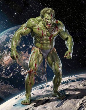 En el planeta Próxima Centvari B, un humanoide musculoso y enorme, de color verdoso, se muestra victorioso tras una pelea a muerte