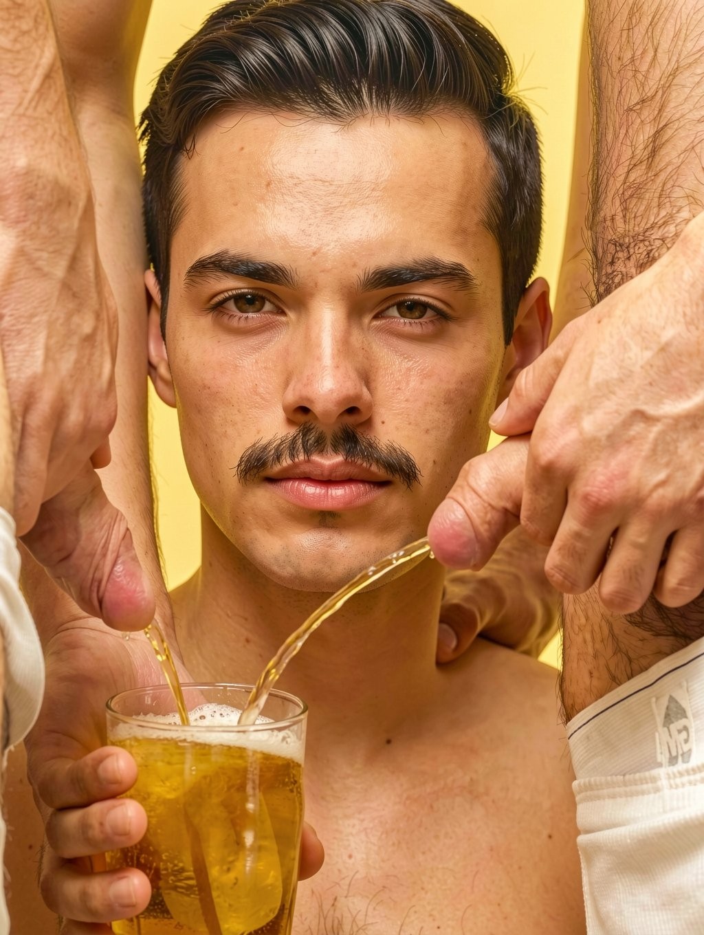 A young shirtless man stares at the camera with a serious expression, a marked mustache and dark hair slicked back, while he appears wedged between the legs of two other men in white underwear. On both sides, hairy thighs, hands, and crotch areas are seen very close to his face, creating an intimate and explicit fetish scene. Two streams of yellow liquid fall from both sides toward a glass that the man holds at chest height, filling it with foam on the surface. The warm yellow background reinforces the provocative tone of the composition, focused on the male body, visual domination, partial nudity, and the act of pouring the liquid into the glass.