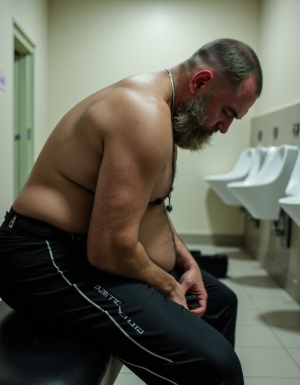 Un hombre corpulento y sin camiseta está sentado en un banco negro dentro de un vestuario o baño público, inclinado hacia delante con la cabeza baja y las manos cerca de la cintura, en una postura de cansancio, concentración o descanso tras entrenar. Lleva pantalón deportivo negro con costuras claras y la palabra “Martial” visible en la pernera, además de una cadena al cuello que cae sobre el pecho. Su barba poblada, el pelo rapado y la piel brillante por el sudor refuerzan la sensación de gimnasio, esfuerzo físico y ambiente íntimo de vestuario. Al fondo aparecen varios urinarios blancos alineados contra una pared beige, suelo de baldosas y una puerta abierta, creando una escena realista y sobria de baño masculino.
