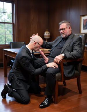 Un hombre ejecutivo de 65 años, con una constitución física robusta y un aire de autoridad, sentado en su lujoso despacho con paredes de madera oscura y una gran ventana que deja entrar la luz del día. Su traje de tres piezas, color gris oscuro, está desabrochado en la parte inferior, revelando su enorme y grueso pene, que se erige con confianza. El hombre tiene una barba gris bien definida y un cabello también gris, peinado hacia atrás, lo que realza su aspecto masculino y maduro.

A sus pies, un joven de unos 35 años, con gafas y calvo, se arrodilla en el suelo de madera pulida, con la cabeza inclinada en actitud sumisa. El joven, que parece ser de educación universitaria a juzgar por su ropa y su porte, lame con dedicación el pene del ejecutivo, mostrando una actitud de total sumisión. La escena está iluminada por la luz natural que entra por la ventana, lo que realza los detalles y las texturas de la habitación y de los personajes, creando un ambiente de lujo y poder.

El ejecutivo, con una expresión de placer y satisfacción, coloca una mano en la cabeza del joven, guiando su movimiento mientras continúa lamiendo su pene. La atmósfera es de total intimidad y sumisión, con el joven universitario completamente entregado a la voluntad del hombre maduro. La imagen es hiperrealista, con detalles precisos y una calidad excepcional, capturando la esencia de la escena de manera explícita y sin ambigüedades.