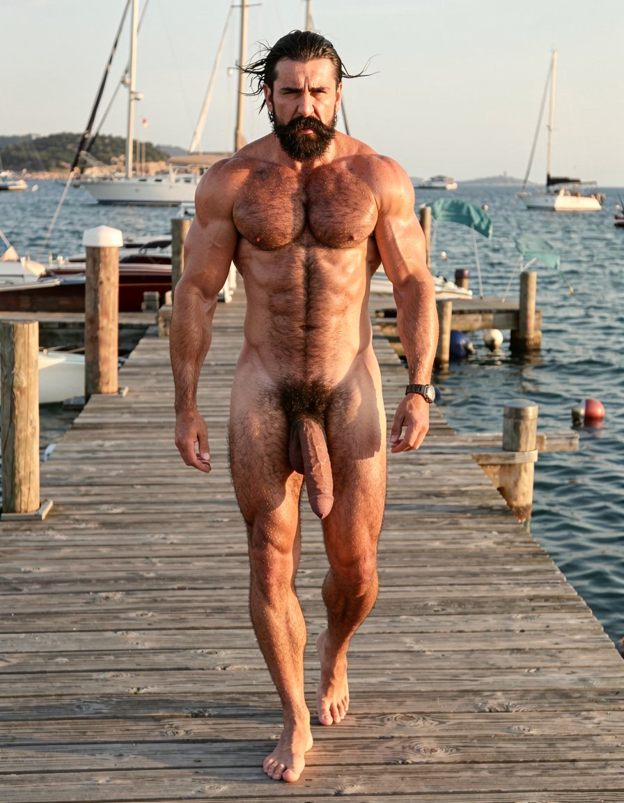 Ultra photorealistic 32k museum quality, cinematic golden hour lighting over the sea, perfect anatomy and proportions with zero distortion. Full body shot of Gayon Von Neumann walking alone along an old wooden pier at the maritime port. He is completely naked, 45 years old, 1.85m, 82kg, 4% body fat, brutally muscular and extremely hairy with thick black body hair covering his powerful chest, abs, arms and legs. Thick well-groomed black mustache, dense joined eyebrows, small intense dark eyes now dry but still slightly red. He has just wiped his tears and now looks straight ahead with a hard, arrogant and determined expression, jaw clenched. His massive 26cm thick veined cock hangs heavy and low between his powerful hairy legs, big low-hanging balls swinging with each step. Realistic wind moving his body hair, golden sunset light hitting his sweaty skin, detailed muscle definition and vascularity, hyperrealistic skin texture, maximum realism, no surrealism, no deformation.
