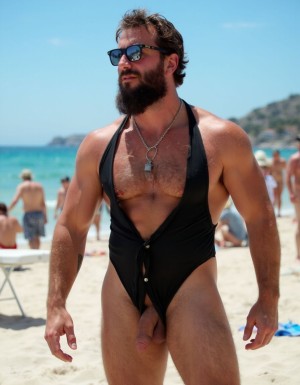 hipster en la playa, extremadamente musculoso con vello y cintura de avispa, lleva barba larga, gafas de sol, es velludo y marca paquete con un ajustado bañador olímpico del que se le salen los huevos, fondo playero. Tiene sus músculos marcados y definidos. Tiene un pene extremadamente grande.