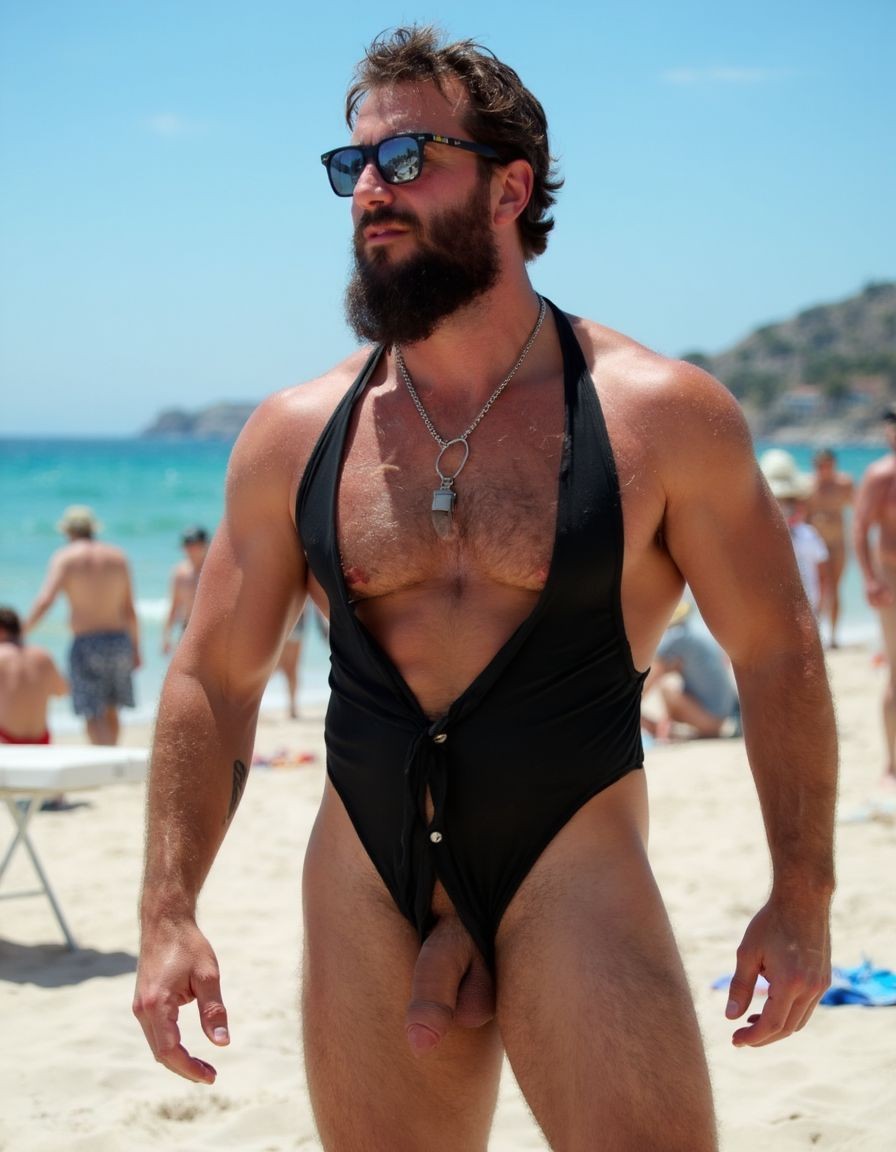 hipster en la playa, extremadamente musculoso con vello y cintura de avispa, lleva barba larga, gafas de sol, es velludo y marca paquete con un ajustado bañador olímpico del que se le salen los huevos, fondo playero. Tiene sus músculos marcados y definidos. Tiene un pene extremadamente grande.