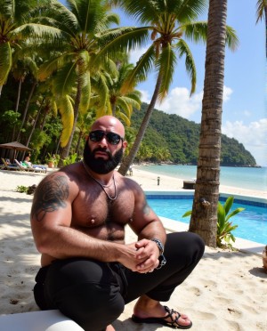 Macho hipermasculino, fornido con sobrepeso, con barba poblada y gafas de sol oscuras, grandes pezones, está descamisado, con pantalón negro y sandalias. Se encuentra sentado, meditabundo sobre una roca en la playa de Roatán, en Honduras, hay una pequeña piscina junto al mar, la playa está vacía y al fondo se ven los cocoteros y el perfil de la isla. Varias aves marinas revolotean.