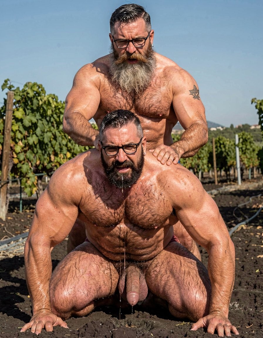 Dos hombres musculosos y con barba posan desnudos al aire libre en un viñedo, bajo una luz intensa y con hileras de vides verdes sobre tierra oscura al fondo. El hombre situado delante está arrodillado con las manos apoyadas en el suelo, lleva gafas negras, muestra el torso muy velludo y definido, los muslos abiertos y el pene visible entre las piernas, mientras un chorro de líquido cae desde su boca o barba hacia el centro del cuerpo. Detrás, otro hombre alto, también con gafas, barba larga canosa, pecho desnudo y un tatuaje en el brazo, coloca las manos sobre sus hombros en una postura firme, creando una escena cruda, física y provocadora en un entorno rural de cultivo.
