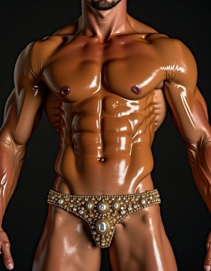 Recreame un prostituto musculoso chapero deluxe en tanga de lujo con piedras preciosas y diamantes de lujo, embadurnado de aceite