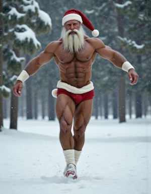 La Navidad. Papá Noel es un hombre de 40 años, atleta, está delgado y tiene músculos marcados y definidos, es muy varonil, tiene barba blanca abundante. Solo tiene el gorro de papá Noel porque está totalmente desnudo enseñando su musculatura de atleta y bronceada, tiene mucho vello blanco que cubre sus músculos pectorales y el abdomen y también en sus piernas. Tiene sandalias blancas en sus pies. Barba abundante blanca de papá Noel. Es el Papá Noel del año 2025, con mucha alegría y mucho sexo gay. Aspecto muy masculino salvaje. Pene erecto de 20cm de longitud y 8cm de diámetro. Abundante vello blanco por todo el cuerpo. Está andando sobre la nieve con sus botas blancas, mientras su pene erecto se balancea entre sus piernas y sus testículos botan. Está desnudo y masturbándose. 