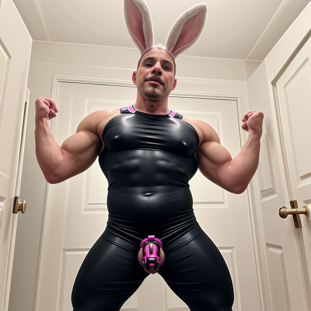 sexy conejito de pascua masculino en lycra con jaula de castidad