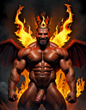 Cneo Pompeyo Magno desnudo con pene grande y testículos grandes peludos. Dobla el brazo derecho para enseñar los bíceps del brazo derecho con gran orgullo. Tiene mucho vello por todo el cuerpo. Está bronceado. Tiene corona de oro. Tiene alas de diablo negras y rojas oscuro. Los brazos están hacia arriba implorando rayos y fuego. Tiene un chorro de fuego en el pene que sale a chorros rojos hacia arriba de su pene erecto tieso hacia arriba. Sus ojos son grandes y rojos. Está enseñando sus grandes testículos. Tiene testículos grandes y oscuros. Está alumbrado con mucha luz roja por todo el cuerpo. Es muy atractivo. Está rodeado de llamas y humo. Tienen cara de maldad y con barba. Se ven los pies. ¿Donde están sus pies? quiero ver los pies. Está delgado.